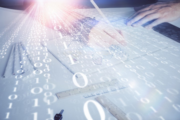 Human hands with tech theme multi exposure drawings.