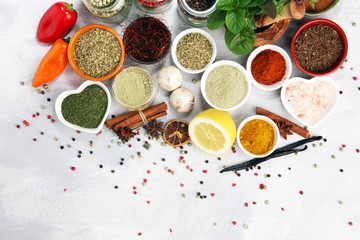 Spices and herbs on table. Food and cuisine ingredients with basil