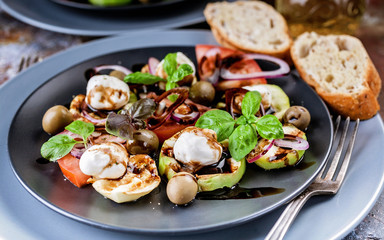 Closeup of Italian salad with grilled vegetables, mozzarella cheese, olives, red onion, basil and balsamic sauce on a rust background. Mediterranean Kitchen. Close-up
