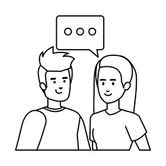 young couple with speech bubble avatars characters