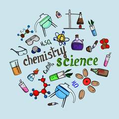 set of laboratory elements of the molecule atoms chemistry background wallpaper with pipettes flasks test tubes