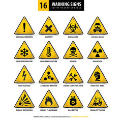 vector set of warning signs, collection of hazard symbols, 16 high detailed danger emblems, isolated 3d triangle shapes, gradient style design, illustration of yellow danger boards on white background - 269172579