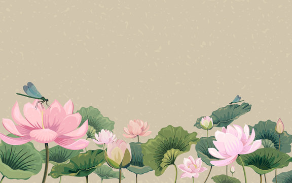 Illustration with lotus flowers and dragonflies