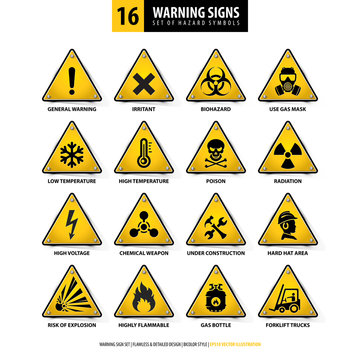 vector set of warning signs, collection of hazard symbols, 16 high detailed danger emblems, isolated 3d triangle shapes, gradient style design, illustration of yellow danger boards on white background