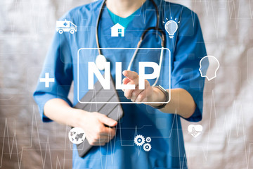 Doctor pressing button NLP Neuro Linguistic Programming healthcare on online virtual panel medicine.