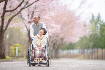 車椅子で散歩するシニア夫婦