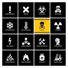 vector set of warning icons, isolated flat style danger emblems, illustration of white danger symbols on black backgrounds, all the white signs can be used on the yellow striped sample banner as well - 269173570