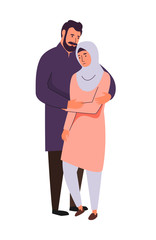 Muslim family, hijab abaya traditional clothing, vector illustration