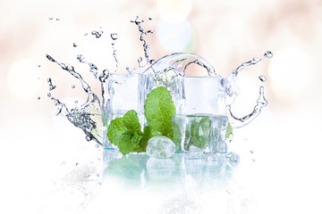ice cubes and splashing water with mint on a colored background