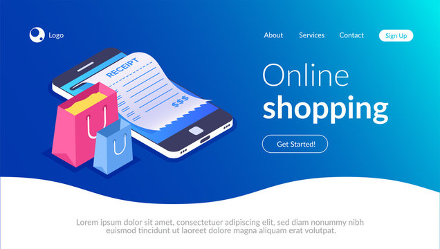 Online shopping with smartphone. E-commerce shoppin. Shopping bag and receipt on the background of a mobile phone. Vector 3d isometric illustration.