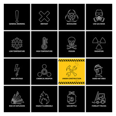 vector set of warning icons, isolated line style danger emblems, illustration of white danger symbols on black backgrounds, all the white signs can be used on the yellow striped sample banner as well - 269175143