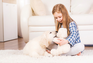 Little girl playing with teddy bear and fluffy retriever puppy
