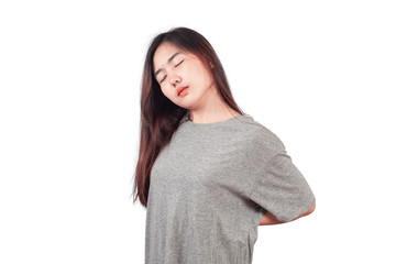 Woman feeling back pain, massaging tense muscles,Aches and pains concept.