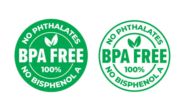 BPA free vector certificate icon. No phthalates and no bisphenol, safe food package stamp, check mark and green leaf