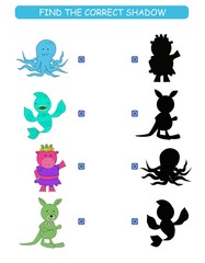 Find the correct shadow. Kids educational game. Cartoon animal: kangaroo, fish, octopus and cow.  