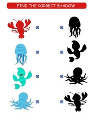 Find the correct shadow. Kids educational game. Cartoon animal: lobster, jellyfish, octopus and fish. 
