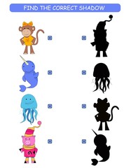 Find the correct shadow. Kids educational game. Cartoon animal: monkey, pig, narwhal, jellyfish. 