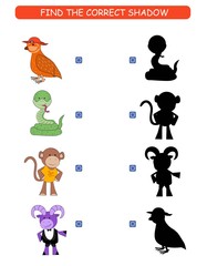 Find the correct shadow. Kids educational game. Cartoon animal: bird, snake, monkey, ram. 