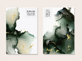 Abstract liquid paint in deep green colors. Modern poster with alcohol ink splashes. Liquid flow design for advertising, banner, poster, social media post, business template. Vector.