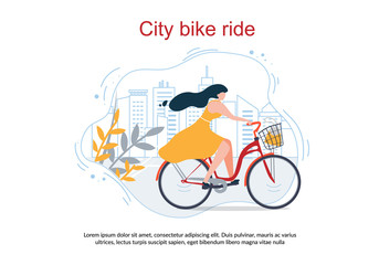 Happy Cartoon Woman in Dress Ride Bike City Street
