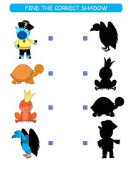 Find the correct shadow. Kids educational game. Cartoon animal: zebra, turtle, frog, kite. 