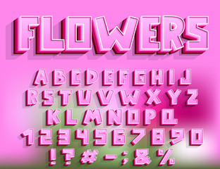 Pink summer flowers Alphabet. Vector three dimension font