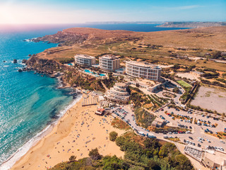 Ghajn Tuffieha Golden bay on Malta island, aerial top view - obrazy, fototapety, plakaty