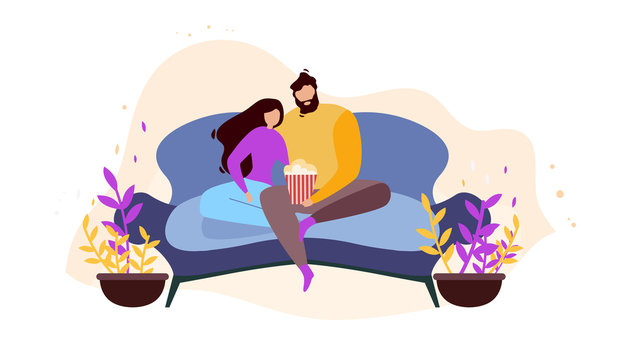 Cartoon Couple Home Rest on Couch Watching Movie