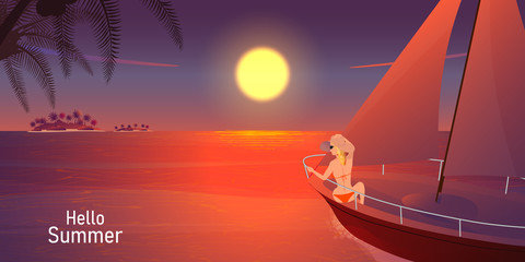 hello summer holiday sunset,woman sailboat at sea island vector