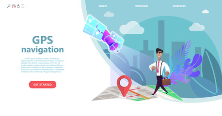GPS navigation, Cartoon character man walks on a map of the city to the final point of the route. Satellite navigation systems isolated vector illustration on white background. Business page template