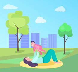Obraz na płótnie Canvas Woman holding baby, mother playing with child in park on mat, parent and kid on grass outdoor, smiling family together, parenthood and childhood vector