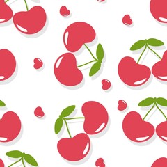 Cute seamless cherry pattern with hearts and drop shadow on white background
