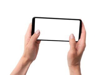 Mock up of black smartphone in hands for your design isolated on a white background