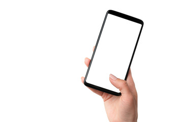 User holding modern smartphone with white screen in hand isolated on a white background