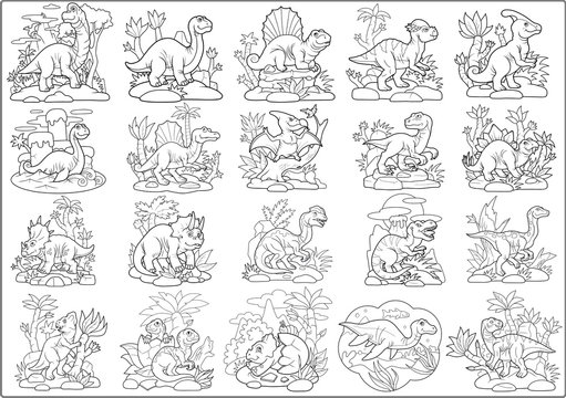 cartoon prehistoric dinosaurs, set of images, coloring book
