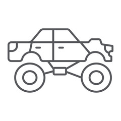 Monster truck thin line icon, transport and extreme, monster car sign, vector graphics, a linear pattern on a white background.