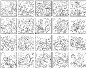 cartoon prehistoric dinosaurs, set of images, coloring book