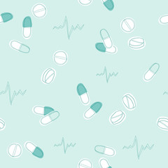 Vector seamless pattern with handdrawn medical pills