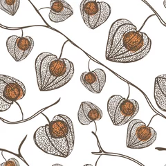 Behang Hoge detail physalis vector naadloze patroon. Plant met oranje bessen. © jullyromas
