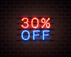 Obraz premium Neon 30 off text banner. Night Sign. Vector
