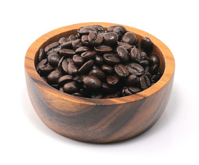 Coffee Beans in wooden bowl isolated on white background