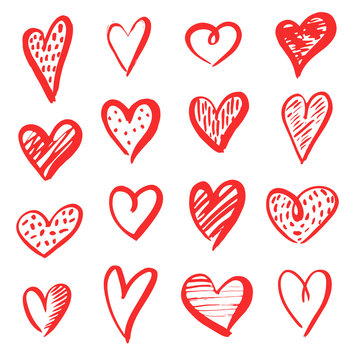 Set of red grunge hearts, vector heart hand drawn shapes. Draw grunge love texture design.