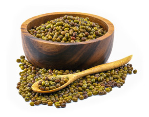 Mung beans or Green beans in wooden bowl with a wooden spoon for lap isolated on white background