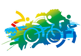  Triathlon competition, expressive stylized. Three triathlon athletes, cyclist, swimmer and runner on the grunge background. Vector available.