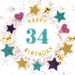 Square format greeting card with the inscription "happy 34th birthday", stars, glitter, serpentine...
