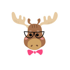 Cute cartoon character. Stylish moose in glasses. Cool picture is great for children's products: clothes, textiles, postcards, stationery products and other things. Vector illustration.