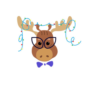 Fashionable moose with Christmas garland on horns. Cute cartoon character. Cool picture is great for children's products: clothes, textiles, postcards, stationery products and other things