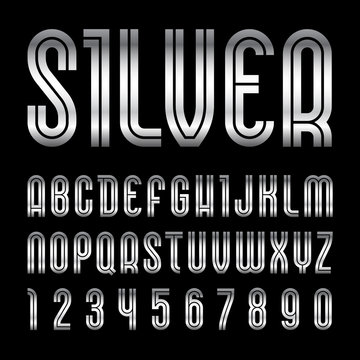 Disco font. Trendy alphabet, silver vector letters on a black background