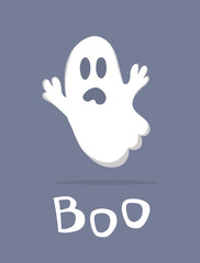 Greeting poster or card to Halloween with a terrifying cartoonish ghost and exclamation BOO.