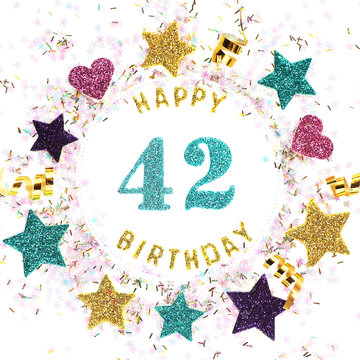 Postcard square format with the inscription "happy 42th birthday", stars, glitter, serpentine..